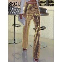 BKQU Gold Sliver Leather Straight Wide Leg Pants for Women 2024 Fashion Streetwear High Waist Scale Leather Party Club Trousers
