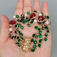 KKGEM 4 Strands Green Crystal Cultured White Pearl Rosary Chain Bracelet Beaded Jewelry