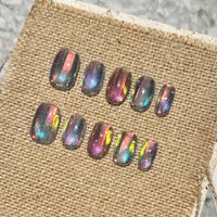 10pcs Colorful Rainbow Stripes False Nails Aurora Gradient Press on Nails Sparkly Cat Eye Fake Nails Short Square Handmade Nail