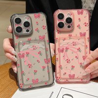 Shockproof Card Slot Pocket Clear Case For iPhone 17 17e 16e 16 15 14 13 Pro Max 17 12 11 Pink Bowknot Printed TPU Phone Cover