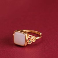 Light luxury Ancient Gold Crafts Court style Rings for Women Original Design Natural Hotan White Jade Square Hanfu Retro Jewelry