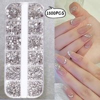 12Grid/1500PCS Shiny Crystal Nail Art Rhinestones SS4-16 Silver 3D Flatback Semicircler Nail Charms Gemstones for DIY Decoration
