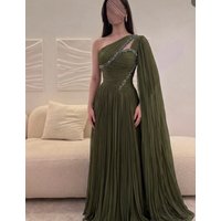 Customized Luxury Exquisite Chiffon Pleat Beading Sequined Rhinestone A-line One-shoulder Floor-Length Evening Dresses Retro