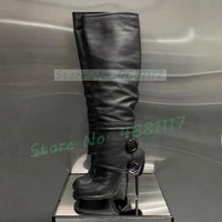 Button Decor Foldover Tall Boots Female Sexy Leather Splicing Round Toe High Heels Shoes Patchwork Side Zipper Stiletto Boots