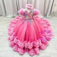 Luxury Pink Floral Girl's Birthday Party Dresses Customized Ruffles Flower Girl Dresses Princess Girl Pageant Gowns