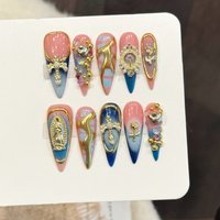 10PCS Stiletto Handmade Press On Nails,Pink Gold Edict Retro Style,Suitable For Festivals Parties And Daily Wear.