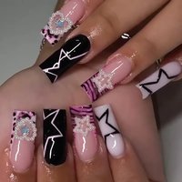 24Pcs Mid-length Square Press on Nails French Reusable Full Cover Fake Nails Tips 3D Star Love Heart Pearl Design False Nail Art