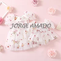 2024 Summer Sister Matching Outfits Strawberry Short Sleeves Bodysuit Birthday Princess Dress Twins Daughter Clothes H4358