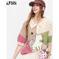 ELFSACK Cat Print Patchwork Knit Polo Shirt, Color Block Short Sleeve Hollow Out Knit Top, Cute Casual Summer Blouse