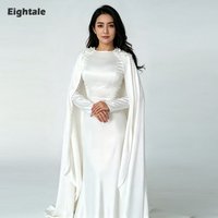 Eightale Arabic Wedding Dress Customized Ivory Satin Appliques Beaded Muslim Long Sleeves Buttons Bridal Gown Bride Party Dress