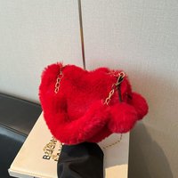 Large Capacity Fur Handbag Heart Shape Ladies Shoulder Bag Fashionable Cute Soft Zipper Closure Interior Phone Pocket