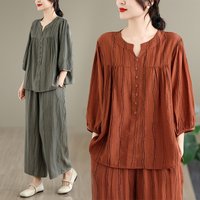Cotton Linen Set Women Summer Loose plus Size Slimming Younging Shirt Wide Leg Pants Two Piece Set Casual Skin-friendly Comfo...