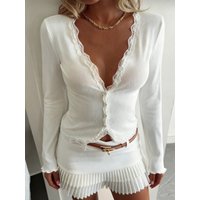 Tossy Casual Knitwear Lace V-Neck Cardigan Women Slim Solid Long Sleeves Commuting Cropped New Outwear Women's Knit Cardigan Top