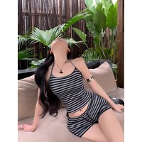 Summer Stripe Sleepwear Women's Sexy Vest Shorts Home Clothes Neck Hanging Strap Soft Cotton Breathable Comfortable to Wear