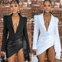 FAGADOER Spring Fashion Ruched Patchwork Bodycon Dresses Women Solid Deep V-neck Long Sleeved Dress Female Streetwear Vestidos