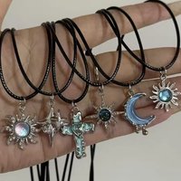 Y2K Gothic Sun Moon Cross Pendant Necklace Set Silver Tone Star Charm Black Cord Necklaces for Women E-girl Streetwear