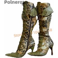Women's Green Leopard Knee High Boots Sexy Cross Tied Splicing Point Toe High Heels Boots Belt Buckle Catwalk Show Shoes