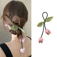 2025 New Sweet Flower Bud Pink Tulip Hair Rope for Women Cloth Bowknot Flower Tassels Elastic Hair Band Accessories Gifts