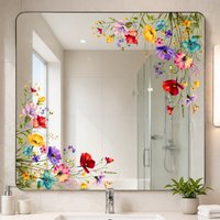 Watercolor Flower Mirror Wall Stickers, Bohemian Corner Stickers,Detachable Waterproof Vinyl Glass Mirror Bathroom Bedroom Decor