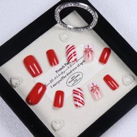 24PCS Christmas Short Coffin Red Fake Nail with Red and White Stripes Sparkling Diamond Snowflake Design Fake Nail