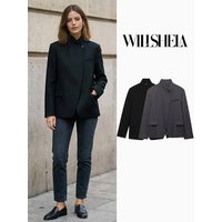 Willshela Women Fashion Solid Single Button Blazer Vintage Long Sleeves Half High Neck Female Office Lady Outfits