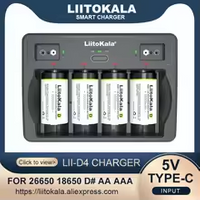 LiitoKala Lii-D4 4 Slots D 26650 18650 21700 18500 14500 16340 22650 AA AAA C SC 3.7V 1.2V 9V Lithium NiMH Smart Battery Charger