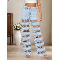 Women High Waist Straight Leg Jeans Sexy Hollow Out Distressed Destroyed Ripped Hole Denim Pants Y2K Date Night Club Party Jeans