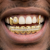 Personalized Fashionable Hip-Hop Zirconia Three-Piece Set With A Row Of Diamonds. 14k Gold-Plated Halloween Teeth Accessory.