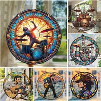 Guitarist Drum Kit Sun Catcher-Round Acrylic Music Themed Translucent Wall Art,Home,Garden,Cafe Bar Decor,Gift for Enthusiasts