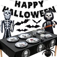 Gothic Skull Halloween Decor Disposable Paper Plates Cups Napkins Banner Skeleton Spider Foil Balloons Halloween Party Supplies