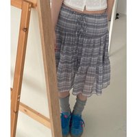 Retro Girl Plaid Chiffon Splicing Half Skirt Drawstring Short Skirt Loose with Summer 2026 Women's Umbrella Skirt Poly...