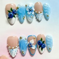 24pcs Almond French Pearl Press on Nails 3D Flower Blueberry Fake Nails with Blue Gradient Reusable Full Cover False Nails Tips