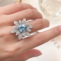 Trendy Flower Blue Zircon Stone Sterling Silver Adjustable Rings for Women Wedding Engagement Eternal Promise Jewelry Hot Sale
