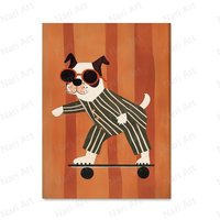 Funny Animals Rabbit Dog Cat Skateboard Posters Prints Wall Art Canvas Neutral Nursery Picture for Baby Kids Room Decor Unframed