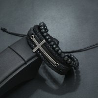 Retro Cross Layer Bracelet For Men Punk Black Hand Woven Cowhide Leather Adjustable Bead Bracelet Accessories Christian Jewelry