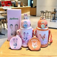 X&W Disney Kid Insulated Cup 316 Stainless Steel Cartoon Dual Drinking Straw Cup with Cup Sleeve Anti-fall Outdoor Water Bottle