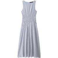 HH Women's Summer Fashion Blue Plaid Midi Sleeveless Dress Female High Street Casual Elastic Waist Slim Ankle Length Dress Mujer