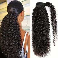 Kinky Curly Ponytail Human Hair with Wrap Around Magic Tape Brazilian Hair Clip In Extension Deep Wavy Ponytail Natural Black
