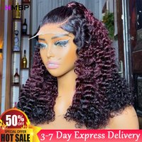 Ombre Color 1B/99J/1B Kinky Curly Glueless Lace Frontal Wig Human Hair Ready To Go 400 Density 360 Hd Lace Wig Preplucked Hair