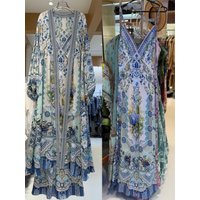 100% Silk Women Blue Floral Print Set Lace Spliced V-Neck High Waist Sleeveless Long Dress + Batwing Sleeve Loose Coat Suit