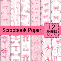 12pcs Pink Blue Bow Cherry Decorative Scrapbook Paper,Cardstock For Diy Crafts,Photo Albums,Gift Wrapping,For Weddings, Parties