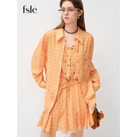 FSLE Vibrant Orange Checkered Print Design Flowy Long-Sleeve Shirt Bandeau Strap Skirt 2026 Spring New Arrival Set Separately