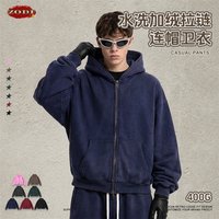ZODF Retro Washed Man Boxy Fit 400gsm Fleece Zipper Hoodie Unisex Distressed Loose Warm Hooded Coat Jacket Brand Outwears HY1184