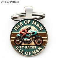 1PC Isle of Man TT Races Keychain, Vintage 2D Glass Dome Zinc Alloy, Motorcycle Racing Souvenir, Car Key Backpack Charm