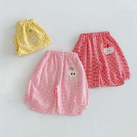 2026 Summer Girls Pants Plaid Kids Lantern Pants Fruit Embroidery Trousers 0-5Y Children Casual Daily Bloomers