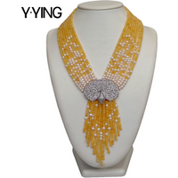 Y·YING 9 Strands Yellow Jades White freshwater Pearl Necklace CZ Pave Peacock Pendant 19.5"