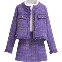2026 New Spring Autumn Women Purple Tweed Two Piece Set Elegant Fringe Trim Jacket Mini Skirt Set Office Lady Outfits