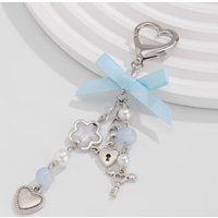 Simple Sweet Lovely Blue Bowknot Star Charm Keychain Women Fashion Imitation Pearl Love Heart Pendant Keychain Backpack Jewelry
