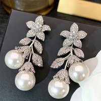 Huitan Aesthetic Flower Dangle Earrings with Double Imitation Pearl Silver Color Sparkling Cubic Zirconia Luxury Wedding Jewelry