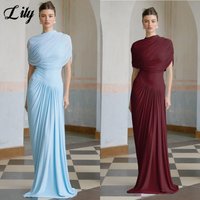 Lily Light Blue Prom Dresses High-Neck Evening Dresses Chic Draped Asymmetric Sleeve and Flowy Floor-Length Style Customized
